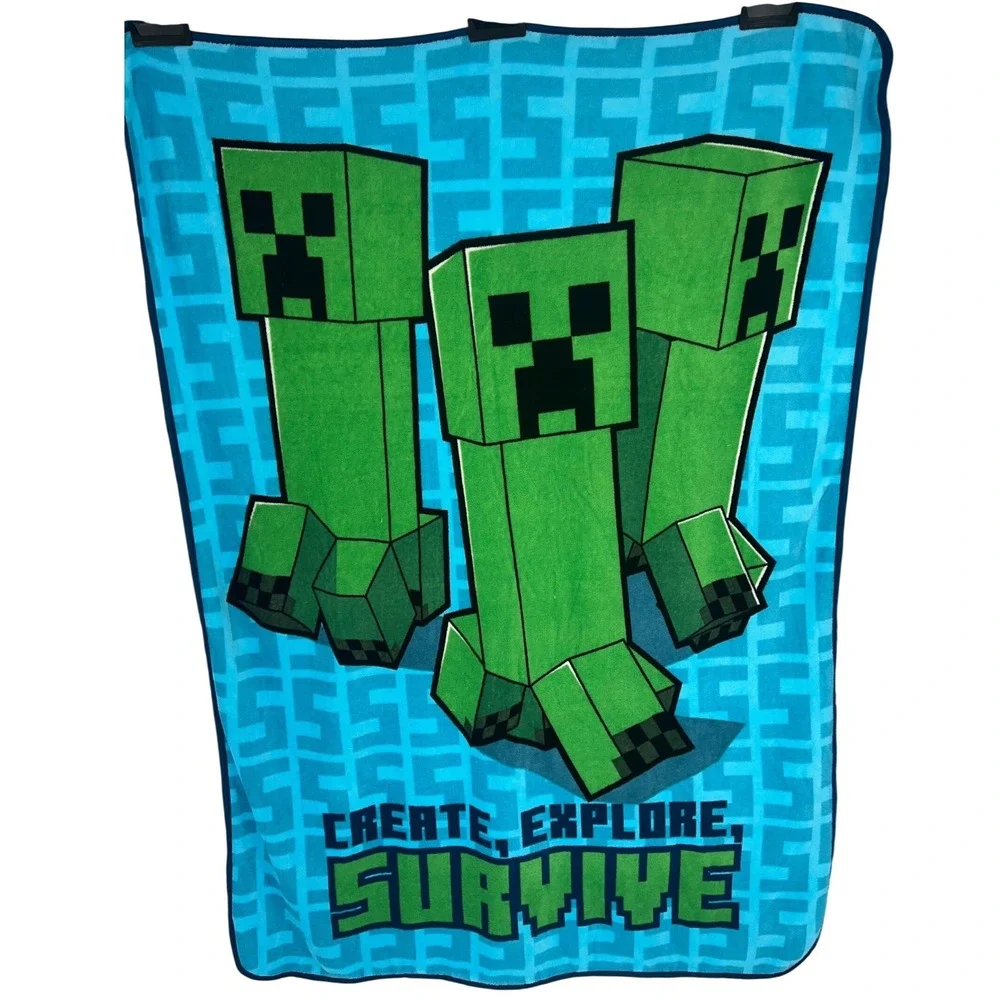 Minecraft Creeper Kids‎ Throw Blanket .Create, Explore, Survive. Blue,  Green
